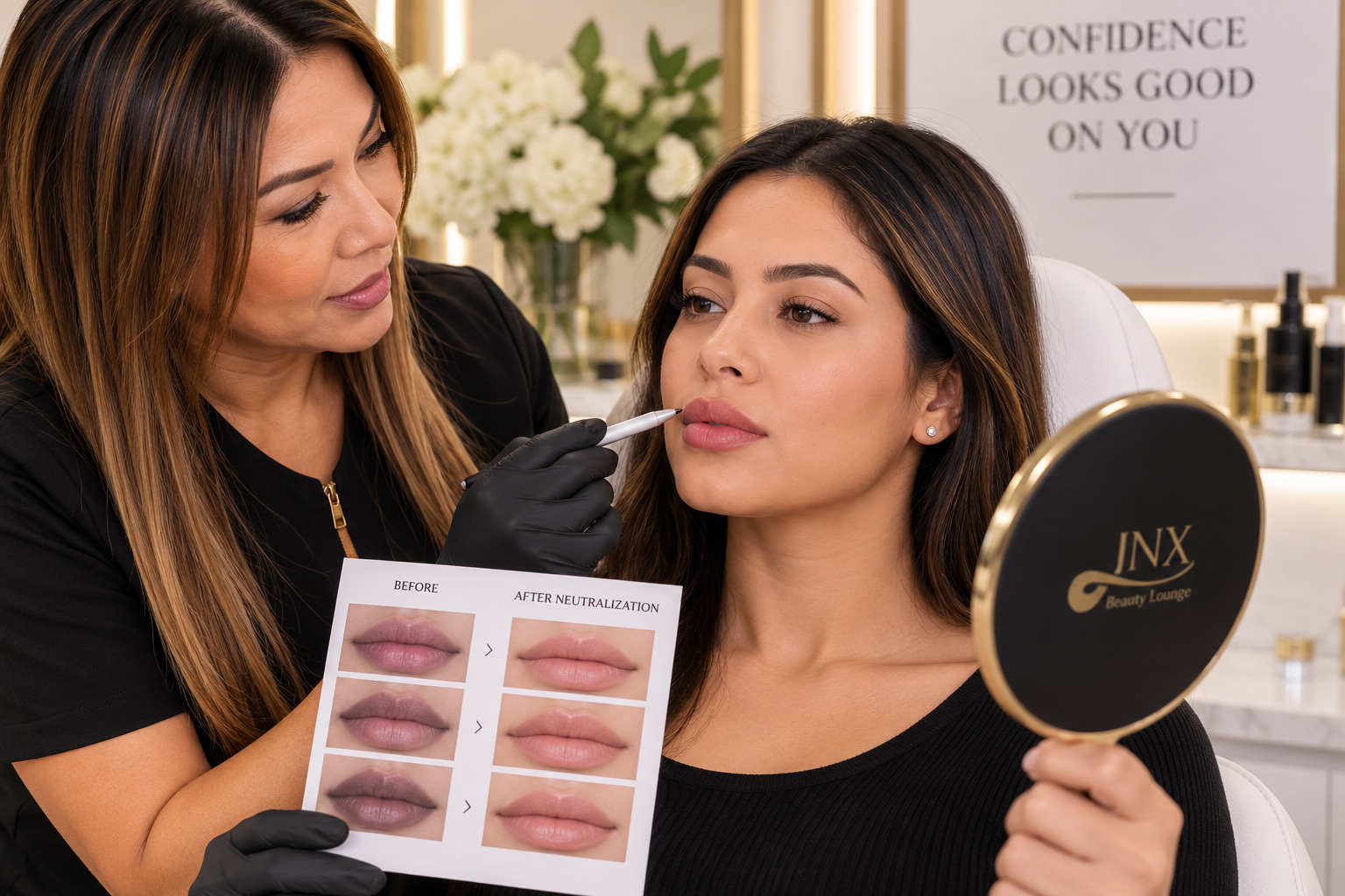 Before and after lip neutralization evening out dark lip tone, Valencia