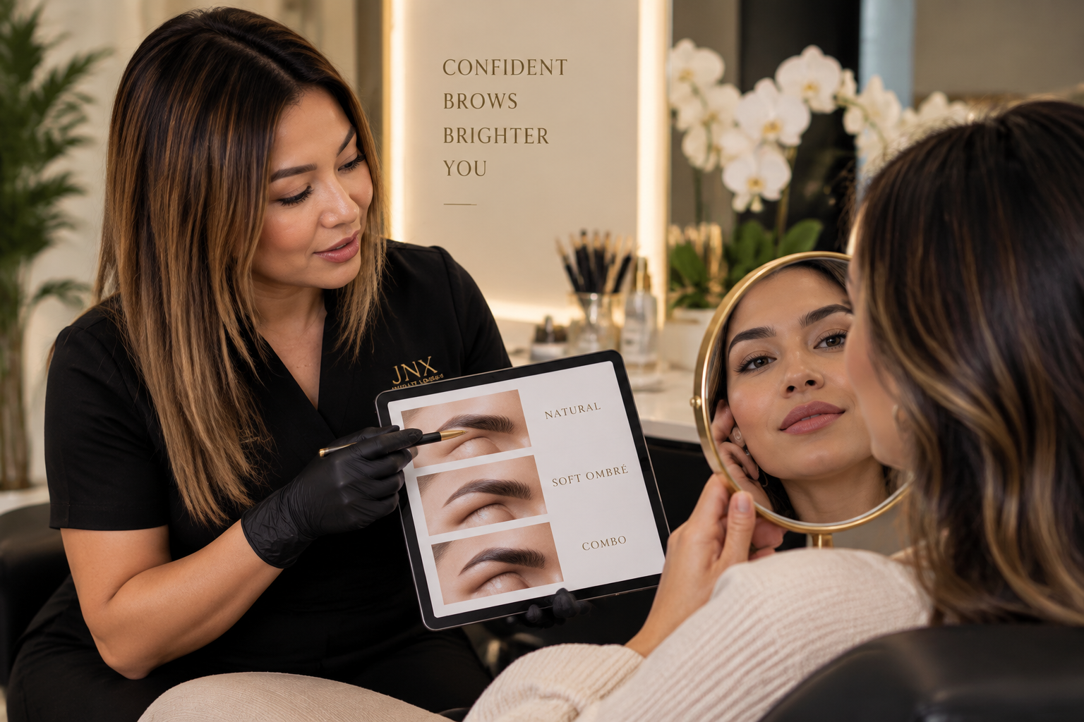 Healed nano hairstroke brows close-up showing fine strokes, JNX Beauty Lounge